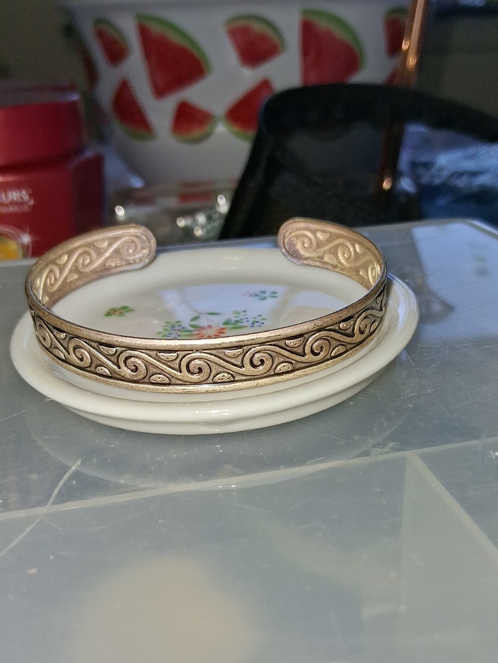 Antique-Style Swirl Engraved Silver Gold-Tone Cuff Bracelet